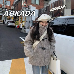 AOKADA 외투 하이넥 송아지 단추 양모 모조 중간 길이 퍼 외투 여자 솜 패딩 상의 겨울 보온 외투