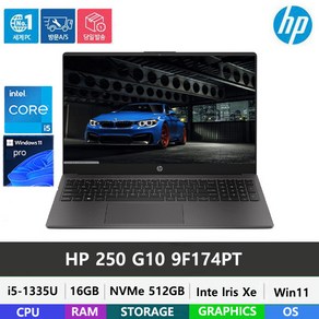 HP 250 G10 9F174PT 13세대 i5-1335U/DDR4 16GB/NVMe 512GB/Win11Po/15인치/사무용 인강용/15.6인치/블랙, WIN11 Po, 16GB, 512GB, 블랙