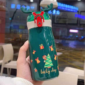 만화 귀여운 크리스마스 붉은 엘크 뿔 절연 워터 컵 300ml, 1개, 녹색 보온병 컵