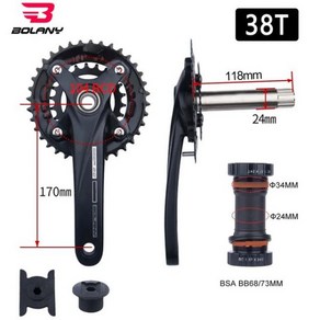 볼라니 자전거 크랭크셋 104BCD 중공 크랭크 MTB 통합 라운드 홀 BB 체인 링 170mm, BSA, 38T, 1개