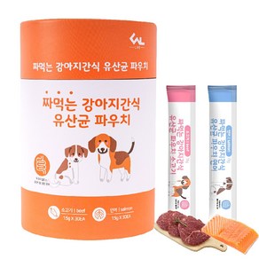 씨엔앨라이프 짜먹는 강아지간식 유산균 파우치 15g 소고기 30p + 연어 30p