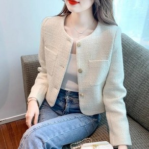 녕동 여성 라운드넥 모직 자켓 크롭 숏재킷 아우터 베이직 고급 트위드 자켓 봄가을 숏코트 루즈핏