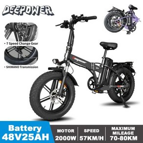 전기자전거 배터리 접이식자전거 DEEPOWER 산악 성인용 야외 오프로드 G22 2000W 48V 35AH 20 인치 팻 타이어, 20inch fat tye, Silve, G22 2000W25ah, 1개