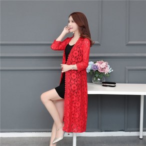 ROYALBELLE 여성 단색 우아한 레이스 가디건 펀칭 베이직 자외선 차단 롱 가디건 D0021802