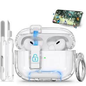 INESORE 변색방지 분실방지 Airpods pro 도어락 TPU 케이스 세트 자동 개방 클리어 커버(클리닝 키트 및 열쇠고리 포함), 투명한 색상, 1개