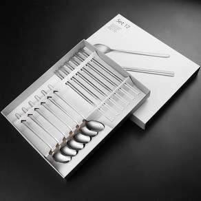 Keyiyijia 304 스테인리스 스틸 실버 숟가락 6개입 + 반사각형 젓가락, 숟가락 + 젓가락, 1개