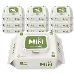 Miel 화이트 80매 캡형 10입 평량 55g 엠보싱 도톰 대용량 베이비 물티슈, 10개