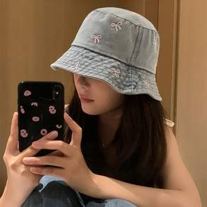 큐티 리본 자수 워싱 데님 버킷햇 모자 여자 청모자 여름 벙거지 햇빛차단 산책 여행 데이트 모자