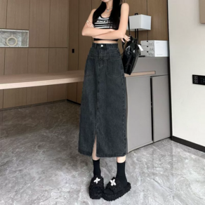 couchsurfing 여성 빈티지 하이웨스트 슬림핏 A라인 데님 스커트