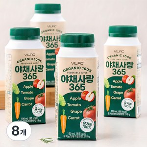 비락 유기가공식품 인증 야채사랑 365 주스, 190ml, 8개