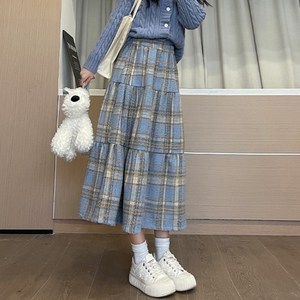 피어니스트 여성용 스플라이싱 체크패턴 플리츠 롱스커트