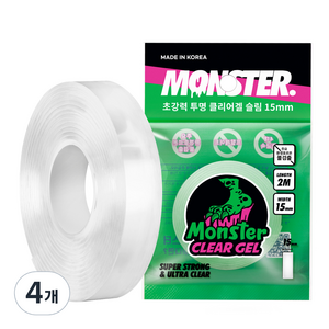 몬스터 클리어 겔 슬림 폭 좁은 초강력 나노 실리콘 양면테이프 15mm x 2m, 4개, 투명