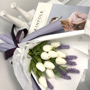 이플린 조화 라벤더 튤립꽃다발, 화이트