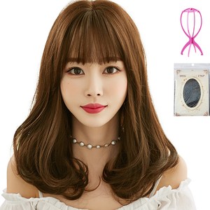 하이유니 시스루 뱅 허그 롤 펌 중단발 헤어 통가발 45cm + 가발망 + 거치대 세트, 허니브라운(가발), 랜덤발송(거치대), 1세트