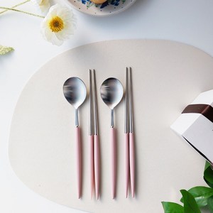 보겐 에펠 2인 커트러리 세트, 실버(헤드) + 라이트핑크(핸들), 한식숟가락 2p + 젓가락 2p