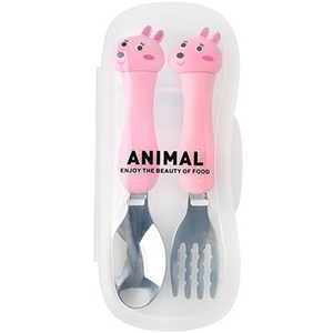 어린이 에니멀 스푼 포크 세트 토끼 MP269, 핑크, 스푼 + 포크 + 케이스, 1세트