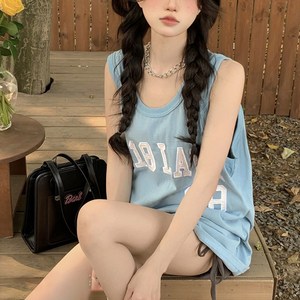메이첼 여성용 통기성 넘버링 하이틴 박시 라운드넥 민소매 티셔츠 02281