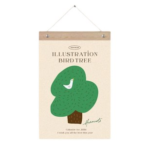 퍼니즈 2024년 우드바 벽걸이 달력, 버드트리 일러스트, 1개