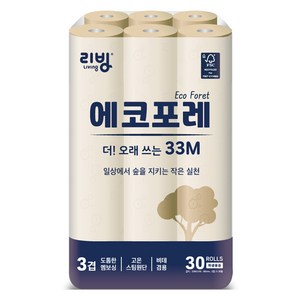 리빙티슈 에코포레 3겹 고급롤화장지, 1개, 30개입, 33m