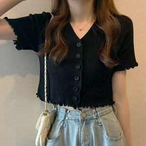 구디프 여성용 프릴엣지 브이넥 크롭가디건