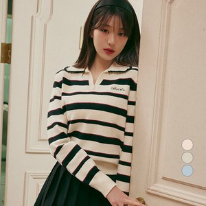 [장원영 착용] 로라로라 여성용 V NECK COLLAR STRIPE KNIT PULLOVER