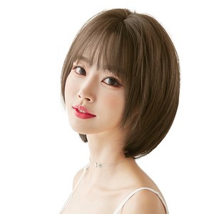 하이유니 스트레이트 펌 숏 컷 헤어 단발 통가발 가발 32cm + 가발망 + 거치대 세트, 쿨브라운, 1세트