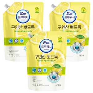 [비건라이프] 참그린 트루워시 구연산 뽀드득 주방세제 레몬향 리필, 1.2L, 3개