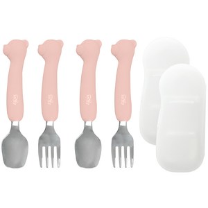 티지엠 곰돌이 캐릭터 실리콘 스테인리스 스푼포크 세트, 코랄핑크, 스푼 + 포크 + 케이스, 2세트