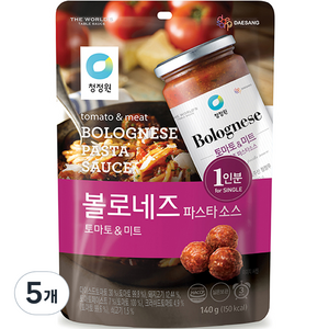 청정원 싱글 파우치 볼로네즈 토마토 파스타소스, 5개, 140g