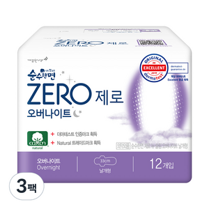 순수한면 제로 오버나이트 생리대 날개형, 12개입, 3팩