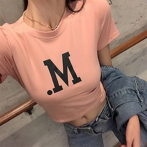 묘먀미 여성용 빅M 레터링 슬림핏 반팔 크롭티 MMM309