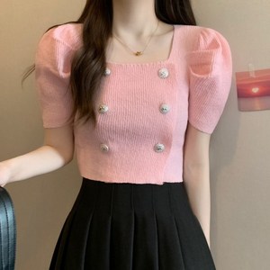 피어니스트 여성용 실버 더블버튼 반팔 니트