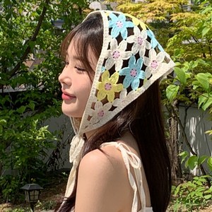 블루씨티 캔디 플라워 니트 뜨개 헤어 두건