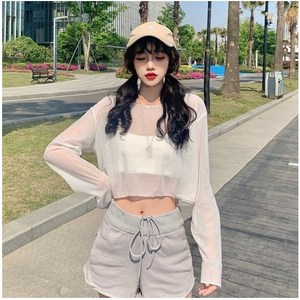 여성용 오늘의 시스루 루즈핏 크롭 티셔츠