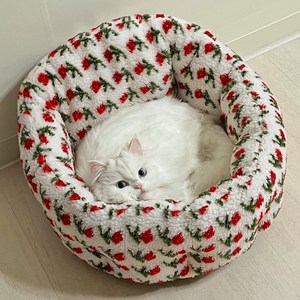 가티가티 고양이 숨숨방석 쿠션 마약 방석 강아지 원형 도넛, 화이트 로즈