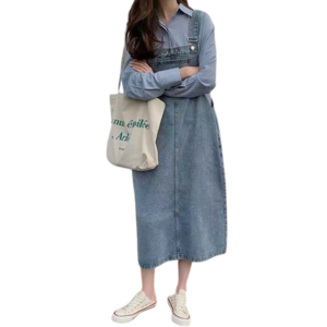 빈티지 블루 데님 A라인 루즈핏 박시핏 롱 원피스 포켓 멜빵 치마 924070903