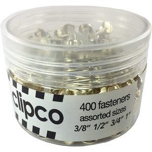 Clipco 종이 패스너 병 다양한 크기 미니 소형 중형 및 대형 황동 도금 및 와셔(400팩) Clipco Paper Fasteners Jar Assorted Sizes Min, 1, Large