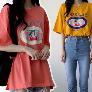 면 트윌러 체리 리본 여성 데일리 여름 반팔 티셔츠