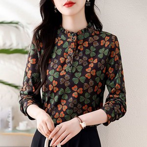 ROYALBELLE 여성 배색 셔츠 루즈핏 스탠드넥 잔꽃 프린팅 단추 블라우스 U0120507