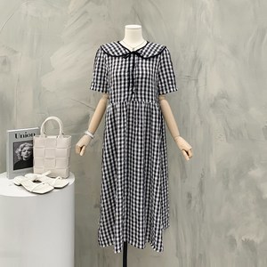 [행복여] 보니 고방 체크 탈부착 카라 플레어 원피스