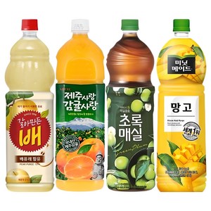 [한번에먹자] 1.5L 과일음료 4종 혼합세트 ( 갈아만든배 + 제주감귤 + 매실 + 망고 ) 업소용 가정용 사무실음료 당구장 노래방 식자재 과즙음료, 4개