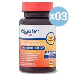 Equate 이퀘이트 오메가-3 크릴 오일 500mg 다이어트 서플리먼트 45개입 3팩 Krill Oil Dietary Supplement, 3개