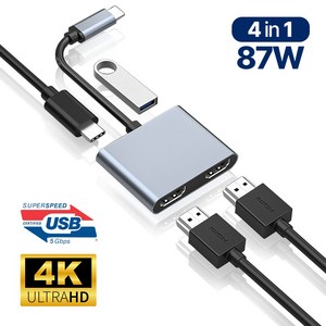 아모란나 4in1 C타입 듀얼모니터 HDMI 멀티 USB 허브 분배기 4K, 4in1 멀티허브 4K (Hdmi*2/PD/USB_A), 혼합색상, 1개