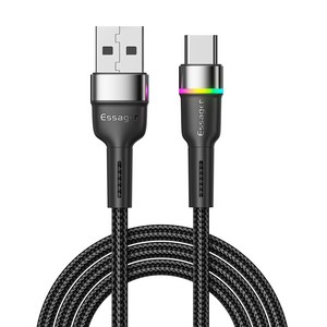 Essage USB C 케이블 3A 급속 충전 케이블LED, 1개, 2m, 블랙