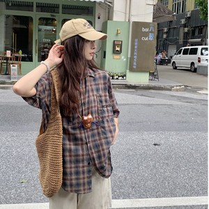 ANYOU 반팔셔츠 여성 체크 셔츠 여름셔츠 남방 오버핏