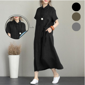 투아워 빅사이즈 롱 카라 치마 루즈핏 퍼프 반팔 돌잔치엄마 여름 여성 원피스 린넨