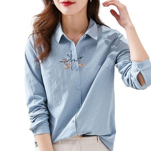 ROYALBELLE 여성 순면 긴팔 자수 셔츠 상의 세련된 패션 데일리 남방 X30108