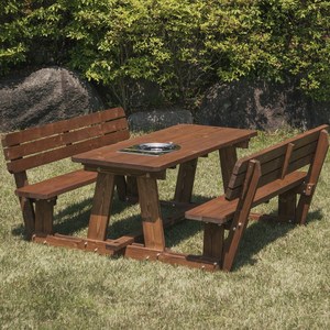 [100%통 원목] 엉클트리 부탄로스타 일체형 야외 테이블 탁자 세트 [편리한 출입 개방형], 6~8인 개방형 (양쪽등받이) 로스타일체형, 월넛색(2회도색)