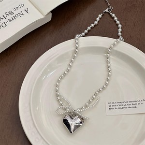 리본 진주 하트 펜던트 목걸이 여성용 심플 쇄골사슬 Women's Necklace 뉴타임즈 R670X148