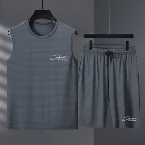 쥬엔리치 2XL~10XL 남자 빅사이즈 티셔츠 스포츠 민소매 실크 라운드 넥 캐쥬얼 남성 루즈핏 여름 티 반바지 상하 세트